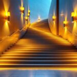 A photograph of a beautifully designed staircase illuminated by stylish lamps