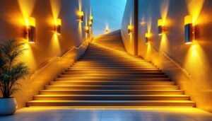 A photograph of a beautifully designed staircase illuminated by stylish lamps