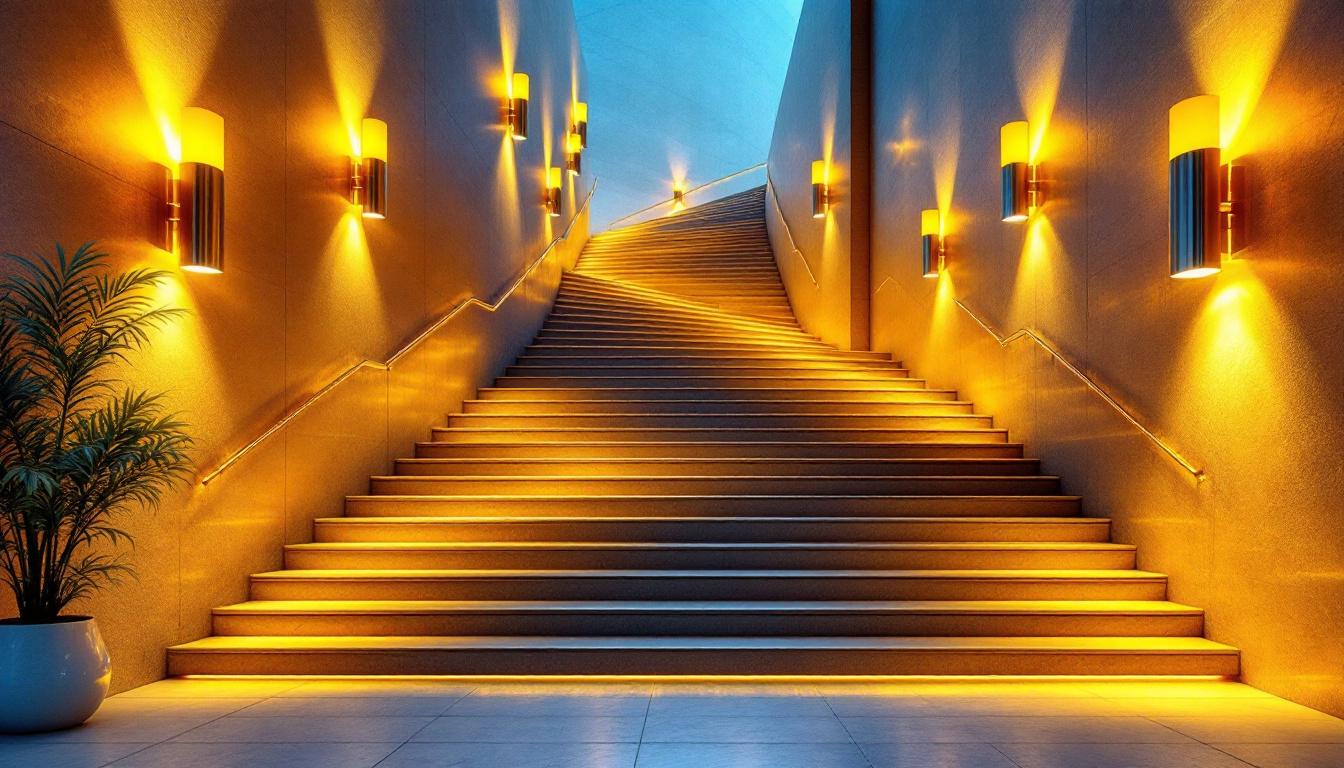 A photograph of a beautifully designed staircase illuminated by stylish lamps