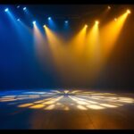 A photograph of capture a photograph of a dimly lit theater floor showcasing intricate lighting designs and patterns