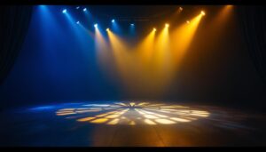 A photograph of capture a photograph of a dimly lit theater floor showcasing intricate lighting designs and patterns