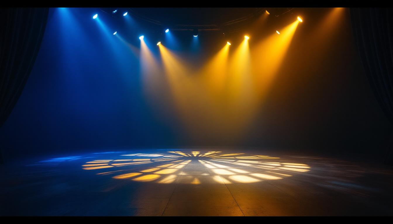 A photograph of capture a photograph of a dimly lit theater floor showcasing intricate lighting designs and patterns