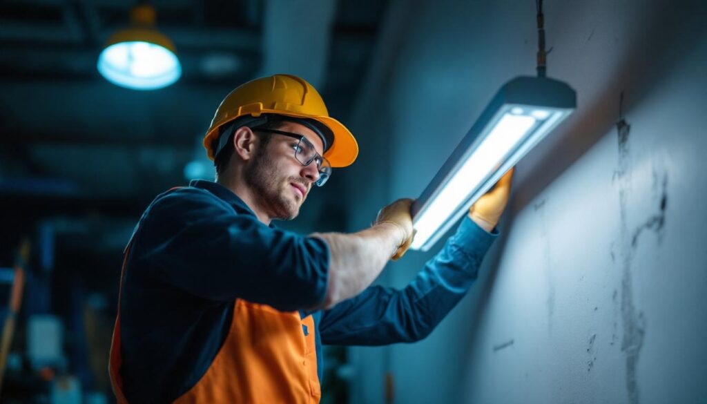 A photograph of a well-lit workspace showcasing a lighting contractor installing or examining a modern 4 bulb fluorescent light fixture