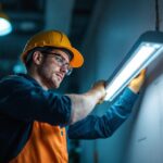 A photograph of a well-lit workspace showcasing a lighting contractor installing or examining a modern 4 bulb fluorescent light fixture