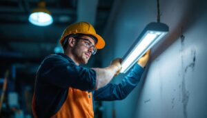 A photograph of a well-lit workspace showcasing a lighting contractor installing or examining a modern 4 bulb fluorescent light fixture