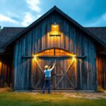 A photograph of a rustic barn exterior bathed in natural light