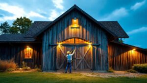 A photograph of a rustic barn exterior bathed in natural light
