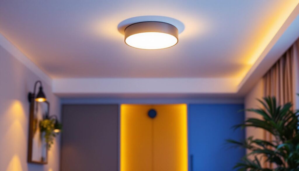 A photograph of a modern surface mount ceiling light installed in a stylish interior setting