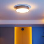 A photograph of a modern surface mount ceiling light installed in a stylish interior setting