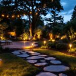 A photograph of a beautifully lit backyard at dusk