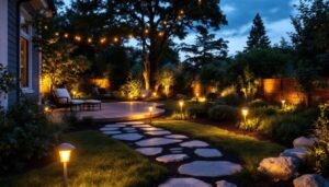 A photograph of a beautifully lit backyard at dusk