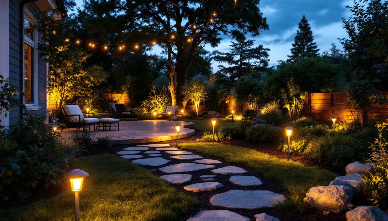A photograph of a beautifully lit backyard at dusk