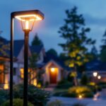 A photograph of a modern residential street light pole installed in a well-lit neighborhood setting
