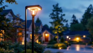 A photograph of a modern residential street light pole installed in a well-lit neighborhood setting