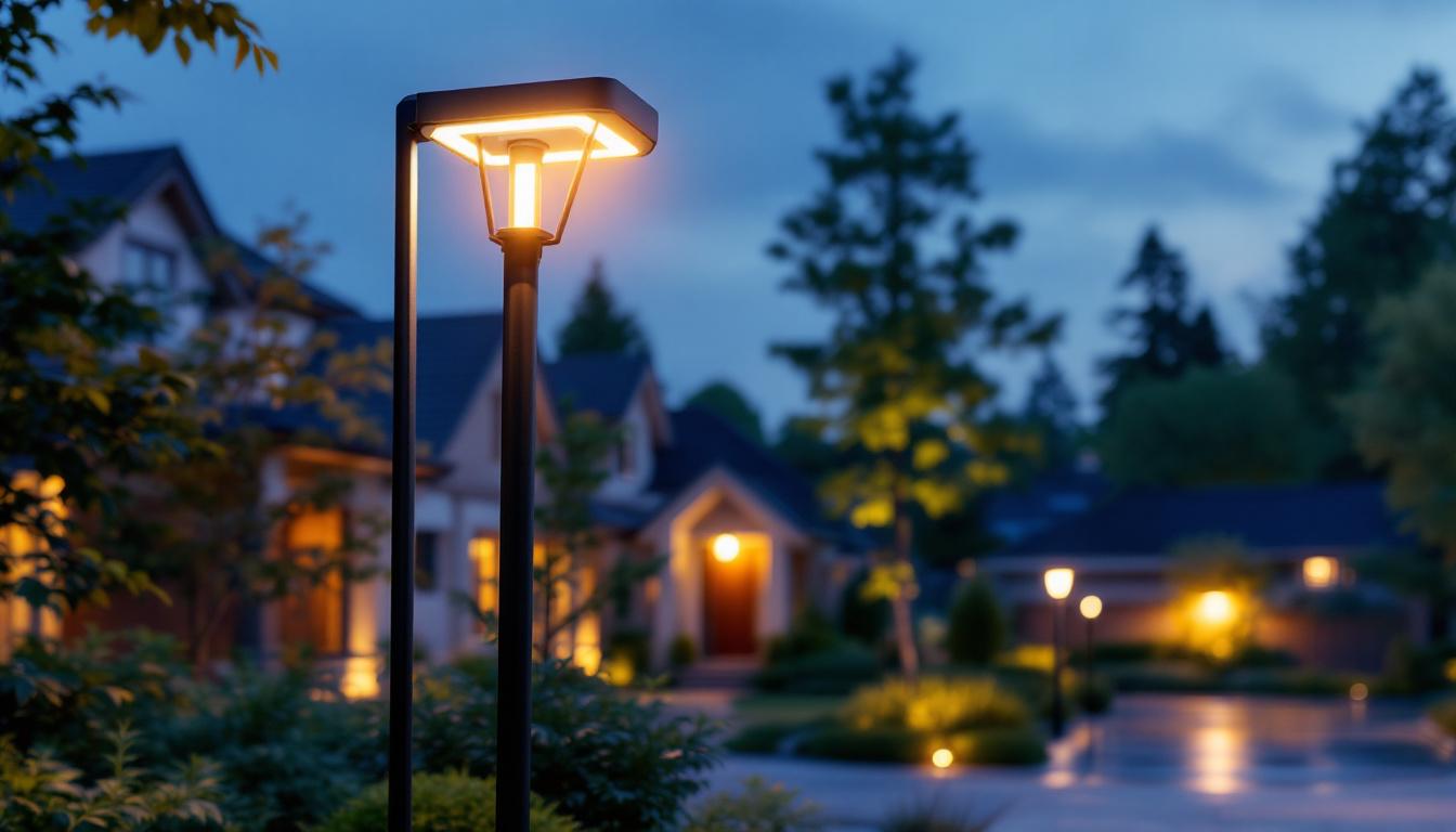 A photograph of a modern residential street light pole installed in a well-lit neighborhood setting