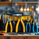 A photograph of a well-organized electrician tool set displayed on a workbench