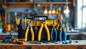 A photograph of a well-organized electrician tool set displayed on a workbench