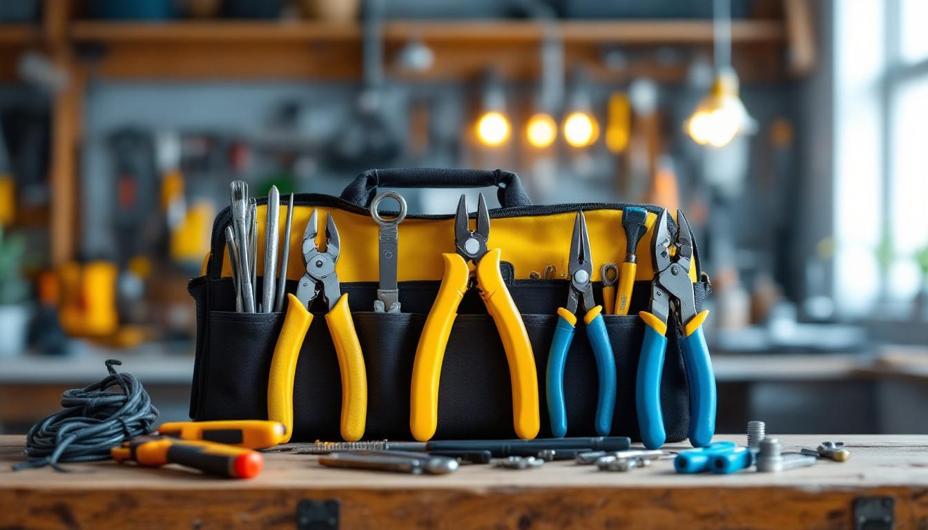 A photograph of a well-organized electrician tool set displayed on a workbench