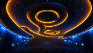 A photograph of a beautifully designed movie theater ceiling