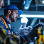 A photograph of a lighting contractor installing led bulbs in a fluorescent fixture