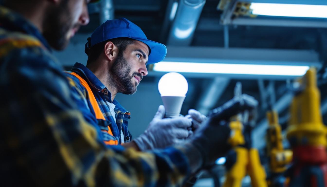 A photograph of a lighting contractor installing led bulbs in a fluorescent fixture
