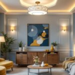 A photograph of a beautifully designed large flush mount light fixture installed in an elegantly styled room