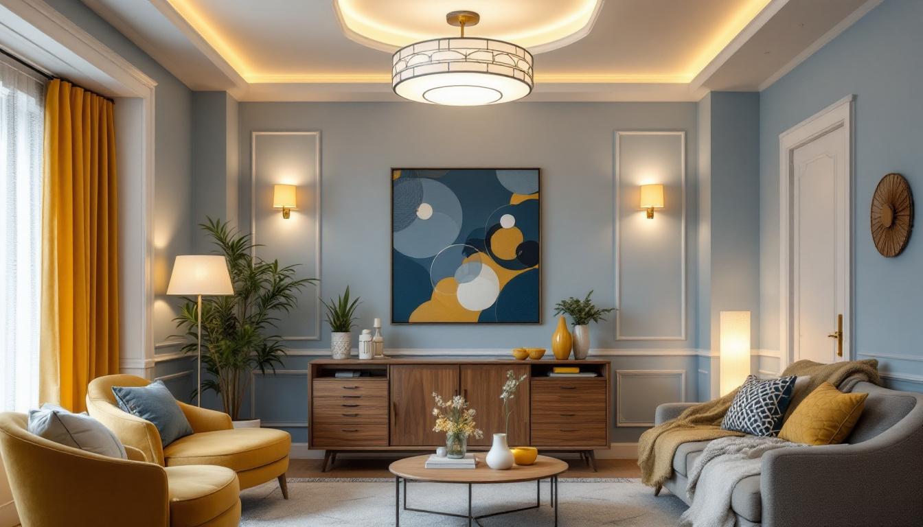 A photograph of a beautifully designed large flush mount light fixture installed in an elegantly styled room