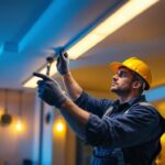 A photograph of a lighting contractor skillfully installing led trim in a modern interior space