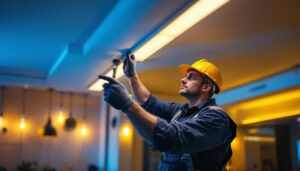 A photograph of a lighting contractor skillfully installing led trim in a modern interior space
