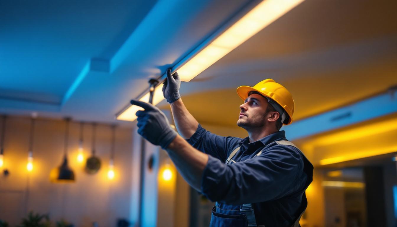 A photograph of a lighting contractor skillfully installing led trim in a modern interior space