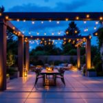 A photograph of a beautifully designed outdoor patio illuminated by stylish ceiling lighting fixtures at dusk