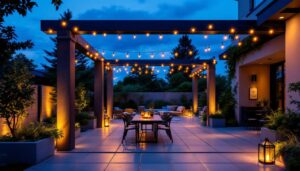 A photograph of a beautifully designed outdoor patio illuminated by stylish ceiling lighting fixtures at dusk
