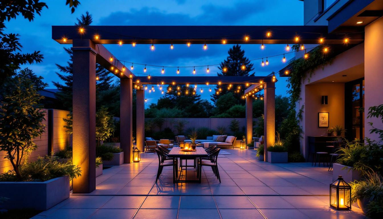 A photograph of a beautifully designed outdoor patio illuminated by stylish ceiling lighting fixtures at dusk