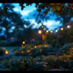 A photograph of a lighting contractor skillfully installing outdoor lights in a beautifully landscaped garden at dusk
