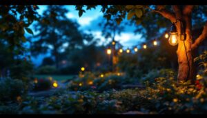 A photograph of a lighting contractor skillfully installing outdoor lights in a beautifully landscaped garden at dusk