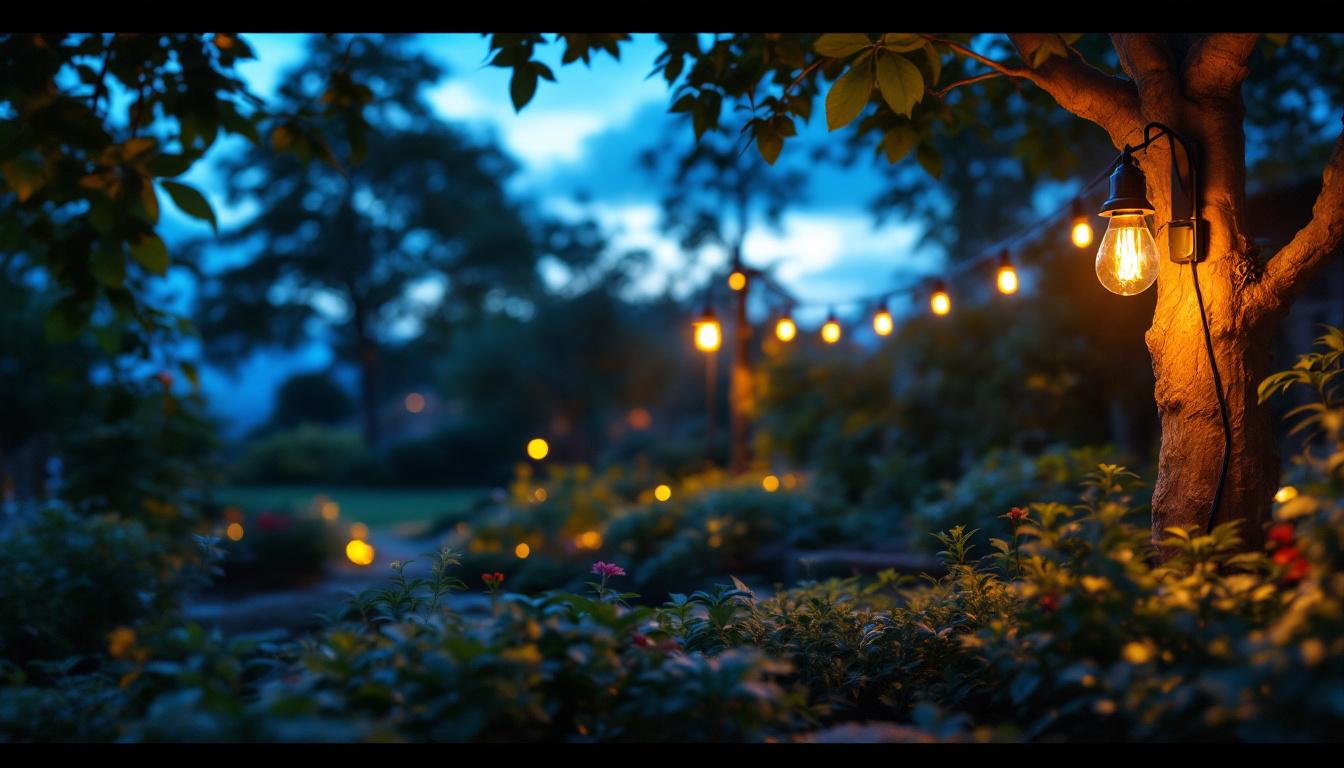 A photograph of a lighting contractor skillfully installing outdoor lights in a beautifully landscaped garden at dusk
