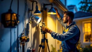 A photograph of a lighting contractor carefully installing various types of lights in a residential setting