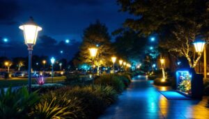 A photograph of a beautifully illuminated outdoor space featuring various night lighting installations
