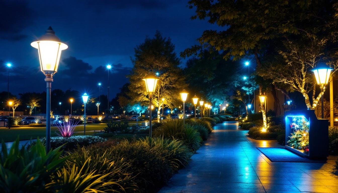 A photograph of a beautifully illuminated outdoor space featuring various night lighting installations