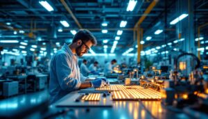 A photograph of a modern led manufacturing facility showcasing advanced technology and machinery