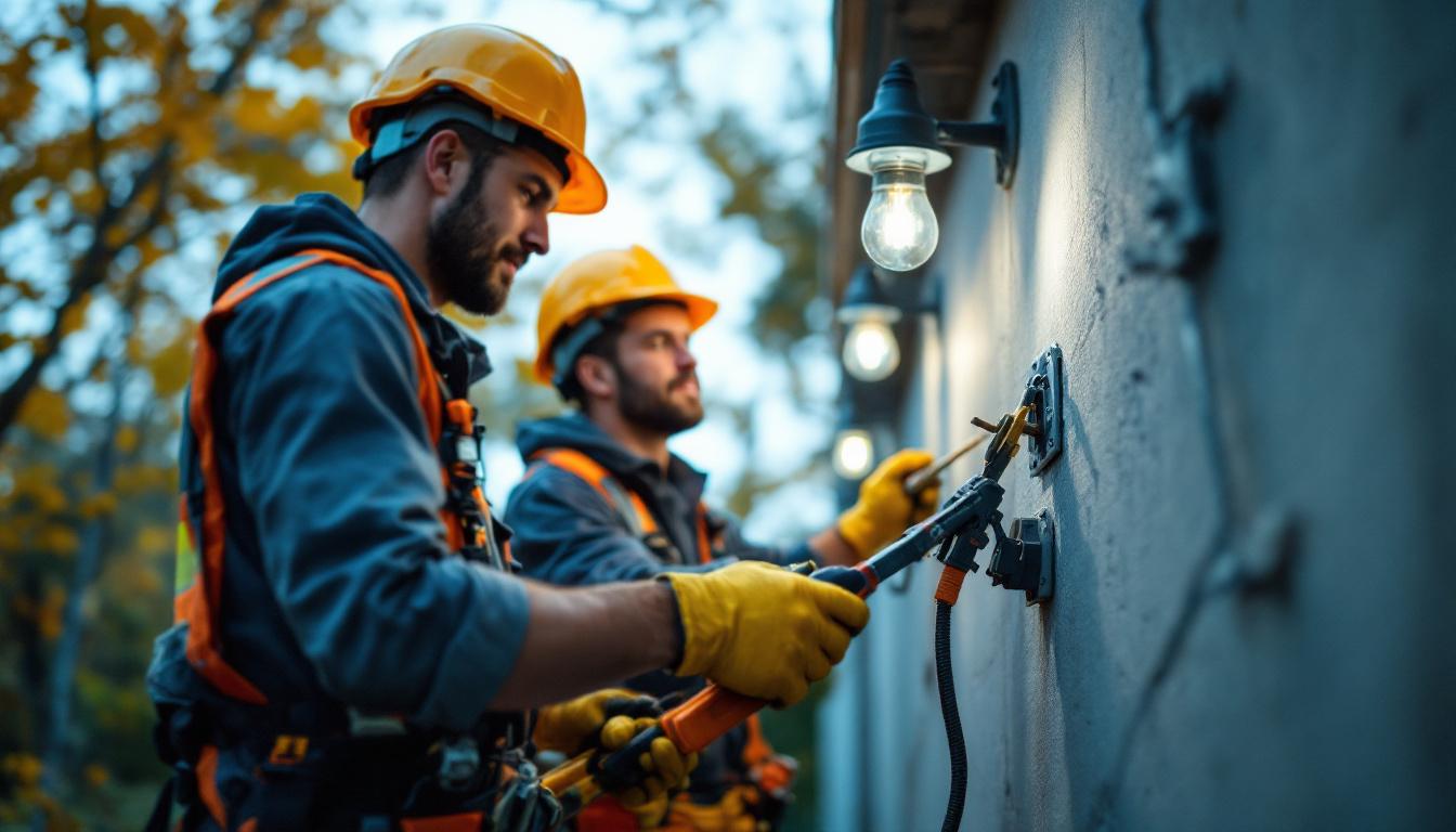 A photograph of a team of electricians working together outdoors