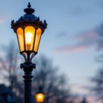 A photograph of a beautifully restored antique lamp post illuminated at dusk