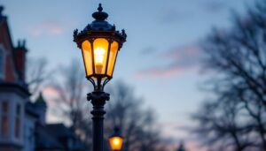 A photograph of a beautifully restored antique lamp post illuminated at dusk