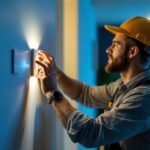 A photograph of a skilled lighting contractor installing a motion control switch in a modern home