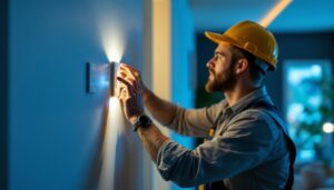 A photograph of a skilled lighting contractor installing a motion control switch in a modern home