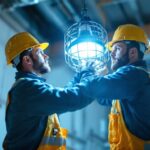 A photograph of a lighting contractor installing a protective cage around a bright light fixture in a construction or industrial setting
