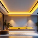 A photograph of a well-lit room featuring a modern frame drop ceiling with energy-efficient lighting