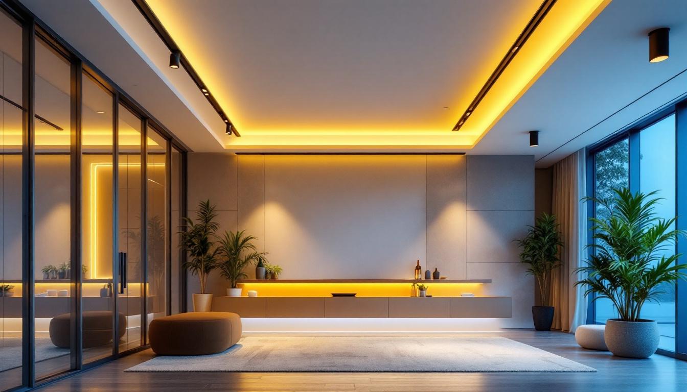 A photograph of a well-lit room featuring a modern frame drop ceiling with energy-efficient lighting