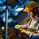A photograph of a skilled lighting contractor installing a solar light mount in a residential outdoor setting
