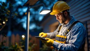 A photograph of a skilled lighting contractor installing a solar light mount in a residential outdoor setting